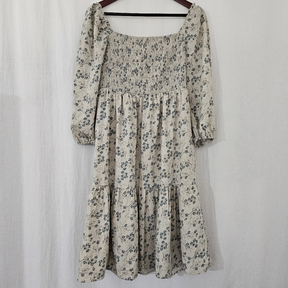 orange creek Dresses & Skirts - Orange Creek Long Sleeve Square Neck Ruched Midi Dress in Cream & Blue Floral